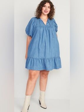 Old Navy NWT Puff Sleeve Tie Neckline Blue Denim like Chambray Mini Dress 3X
